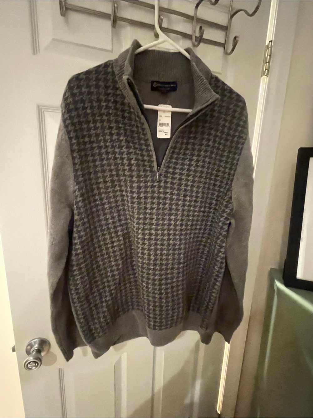 Brooks Brothers Grey Houndstooth Zip-Neck Sweater